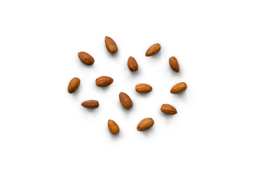 roasted organic almonds with the peel isolated on a transparent background with shadow, top view, png
