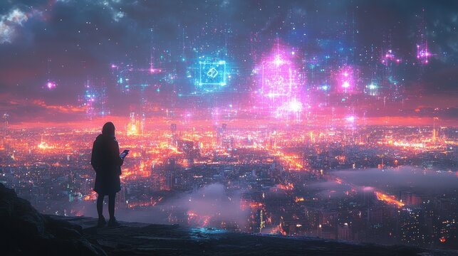 Silhouetted figure gazes at glowing city, futuristic overlay