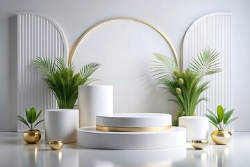 White pedestal with a gold border and a green plant in front of it