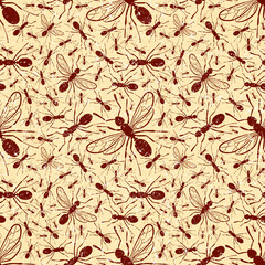 Seamless brown background with forest ants.
