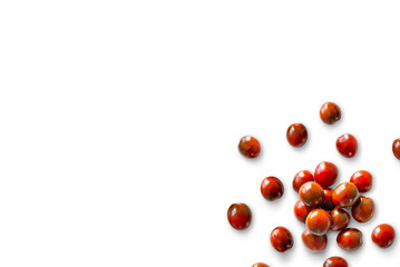 Closeup of fresh juicy organic red cherry tomatoes from the garden isolated on a transparent background with shadow from above, top view, png