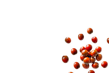Closeup of fresh juicy organic red cherry tomatoes from the garden isolated on a transparent background without shadow from above, top view, png