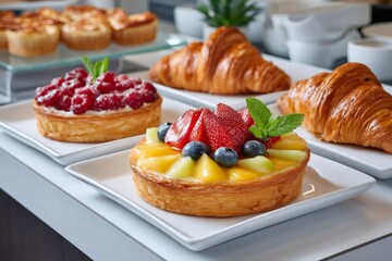 Delicious fruit tarts and croissants decorating a buffet table