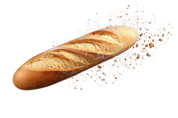 Baguette bread with crumbs falling isolated on a white background highlighting the texture and freshness of the loaf perfect for culinary presentations or bakery promotions