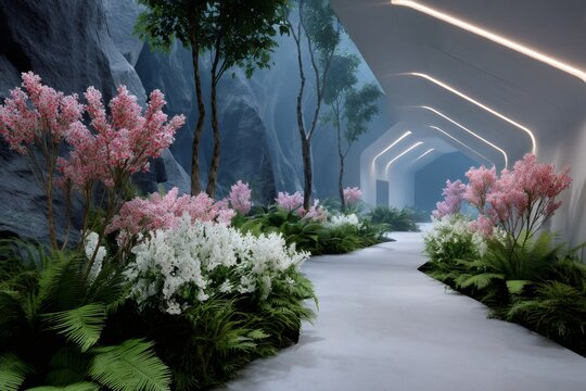 Futuristic corridor merging nature and modern architecture with blooming trees and lush vegetation - Powered by Adobe