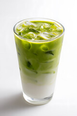 Iced Matcha Latte in a Glass Isolated oN White