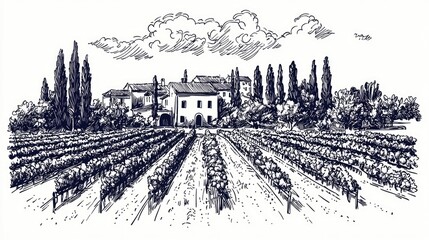 Hand-drawn vineyard landscape with country houses.