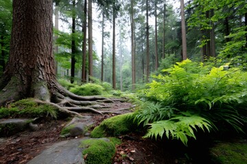 Obraz premium Large tree roots growing in a green forest
