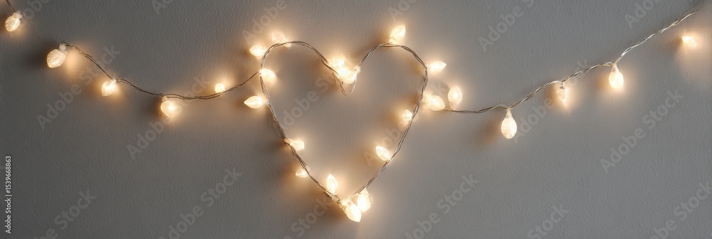 Poster heart-shaped string lights illuminate a neutral wall creating a cozy atmosphere perfect for romantic