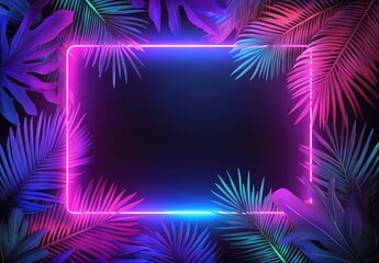 Neon frame surrounded by vibrant tropical leaves (2)