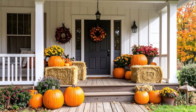 Autumn porch d?cor, pumpkins, wreaths, fall