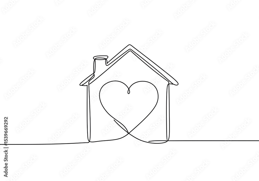 Poster single line drawing of a house with a heart inside on a white background minimal and modern design