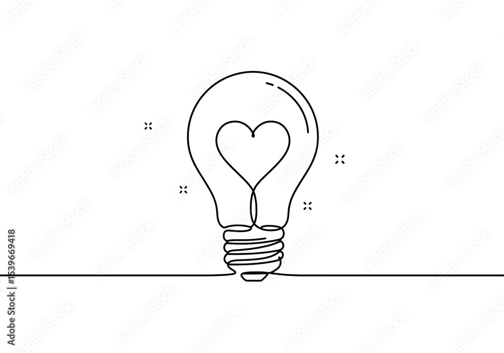 Poster a continuous line drawing of a lightbulb with a heart inside on a white background with sparkles