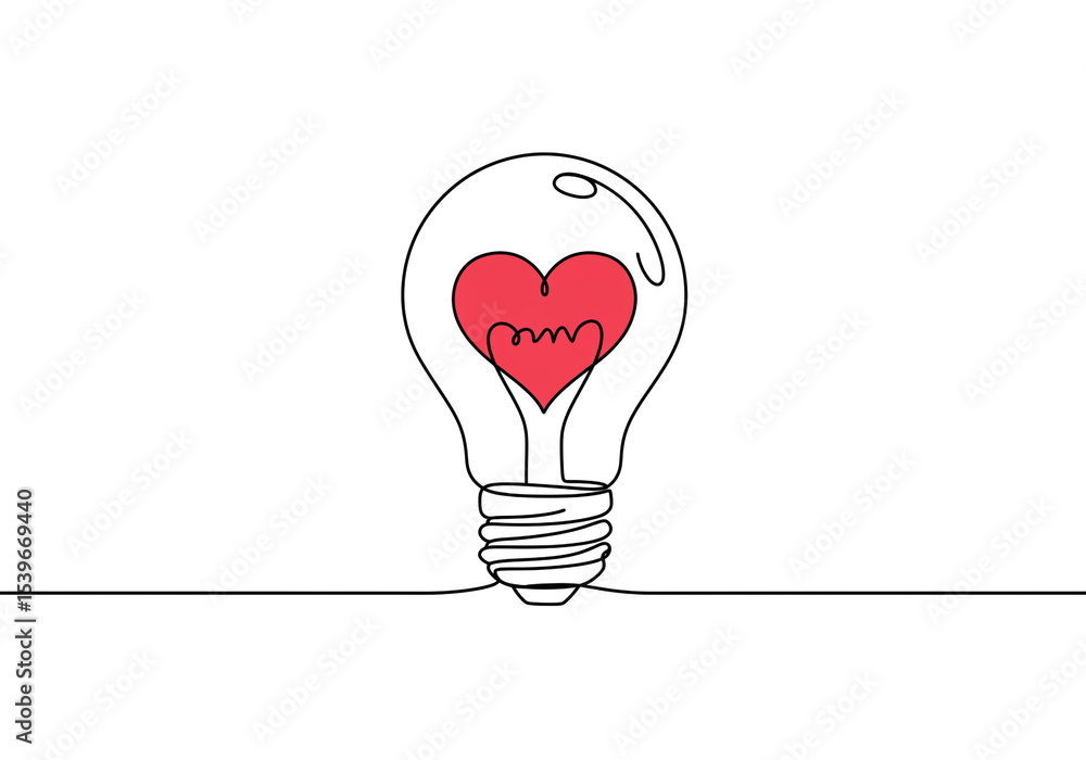 Poster continuous line drawing of a light bulb with a red heart inside on a white background illustration