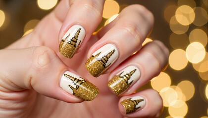 Nail art design with golden glitter and architectural patterns