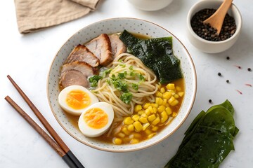 Bowl of ramen with eggs and corn