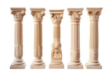 Antique column set featuring various designs and patterns on a white background, ideal for showcasing architectural elegance and historical craftsmanship