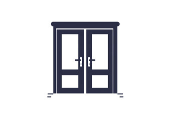 A dark blue double door with glass panels and silver handles on a white background illustration