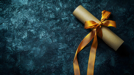 Symbolic vertical items for graduation including a diploma scroll tied with gold ribbon on dark surface