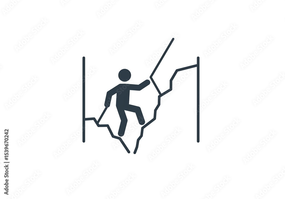 Poster a simple graphic of a person climbing a wall with cracks and vertical lines on either side of them