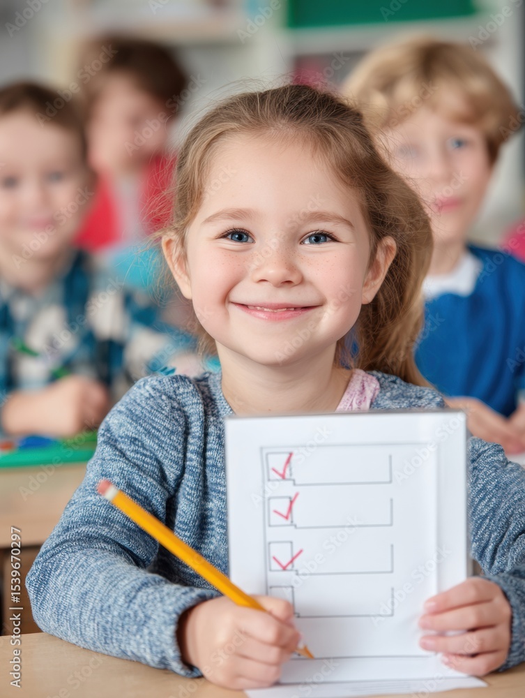 Poster positive classroom environment checklist displayed by smiling child in classroom with peers engaged 
