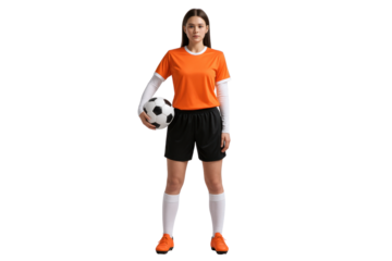 Soccer Player Ready: A focused female soccer player in vibrant orange uniform stands ready, holding a soccer ball, embodying dedication and athletic prowess.