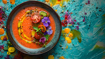 Tomato-based gazpacho soup garnished with fresh vegetables, herbs, and spices for a vibrant dish