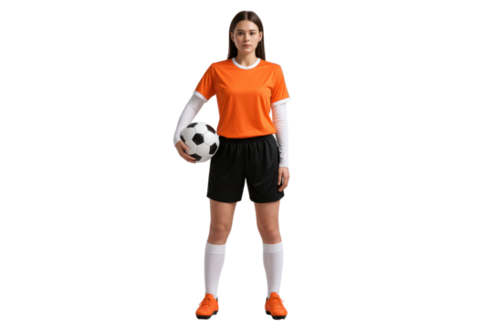 Soccer Player Ready: A focused female soccer player in vibrant orange uniform stands ready, holding a soccer ball, embodying dedication and athletic prowess.