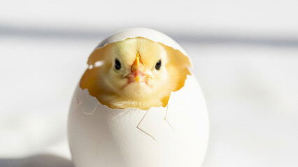 まっすぐこちらを見る卵から孵化したばかりのヒヨコ