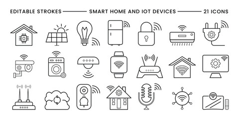 Smart Home and IoT Devices Line Icon Set. Editable Stroke Vector Icons of Smart Technology Devices