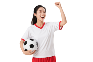 Goal Triumph: A young woman, brimming with jubilation, celebrates a soccer victory, grasping the ball and raising her arm high, embodies pure joy, capturing the spirit of the game.