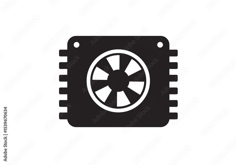 Poster black and white graphic of a cpu cooler with a fan inside a square heatsink design element isolated