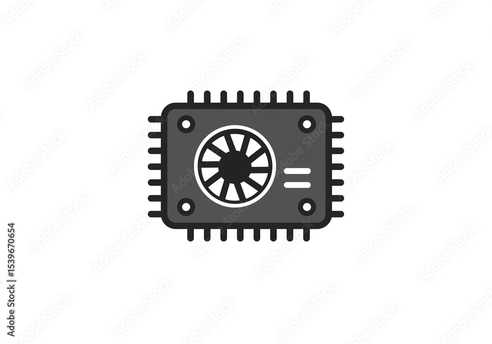 Poster illustration of a gray cpu with a fan and pins on a white background in vector format style