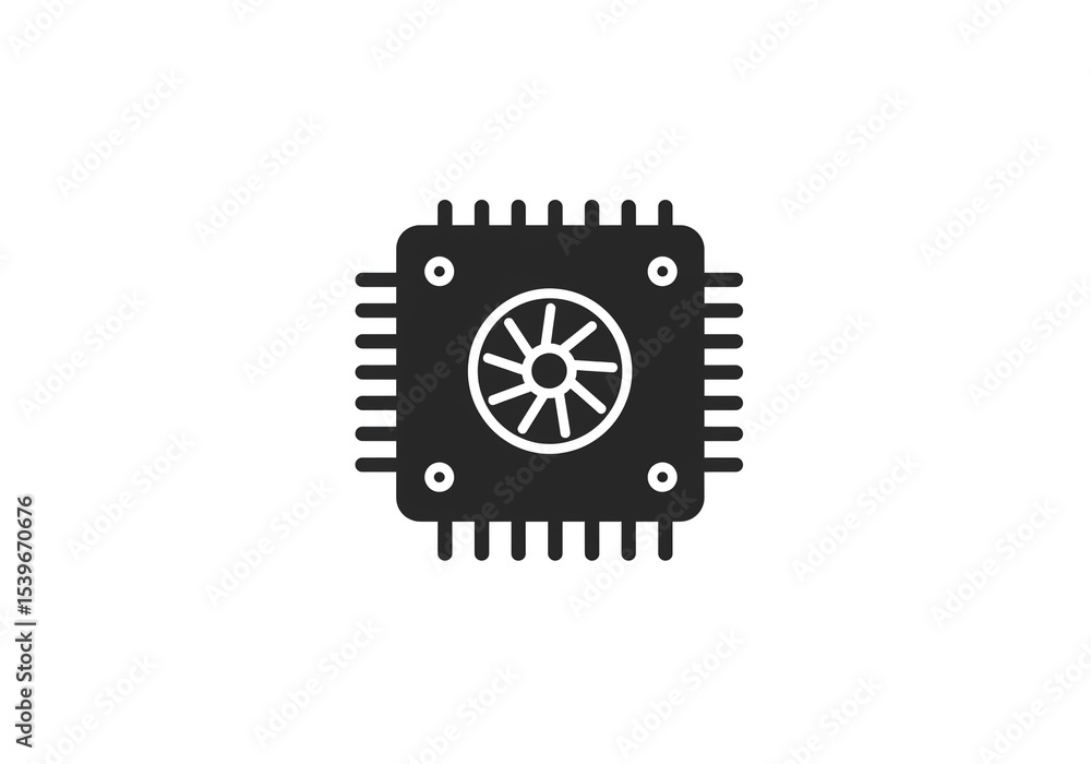 Poster a black and white graphic of a computer chip with a fan in the center on a white background space