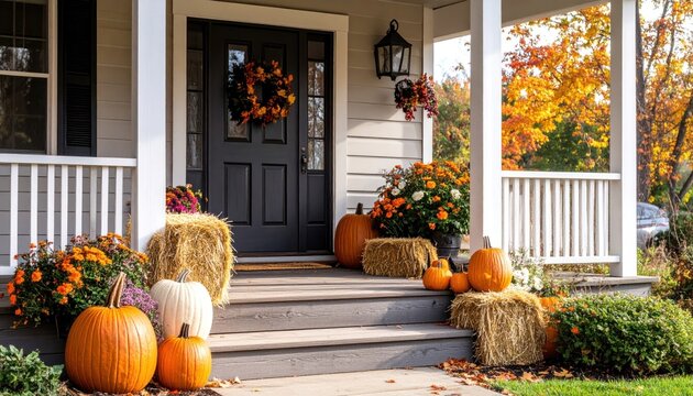 Autumnal front porch decorated with pumpkins, floral arrangements, and hay bales