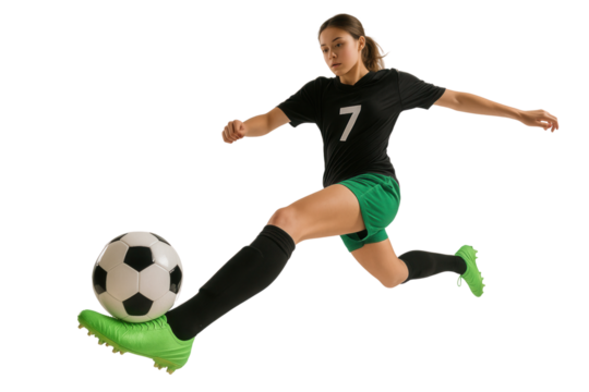Soccer Player's Powerful Kick: A focused athlete delivers a forceful kick, showcasing strength, agility, and the dynamic energy of competitive sports.