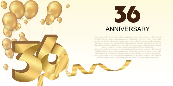 Elegant 36th anniversary celebration with golden balloons, ribbon, and bold 3D numbers. Perfect for greeting cards, banners, or party invitations. Luxurious and festive vector design.