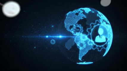 Global digital illustration with cogwheels, figure, and connected world dots on a deep blue background - Powered by Adobe