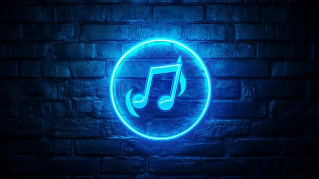 Glowing blue neon music note symbol on dark brick wall background with futuristic nightclub vibe