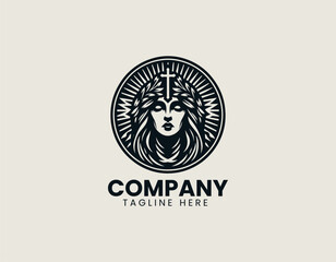 Fototapeta premium Dark feminine unholy entity with twisted horns and glowing eyes in a menacing vector logo illustration