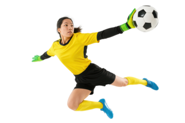 Goalkeeper's Dive: A female goalkeeper, garbed in vibrant yellow, leaps dynamically to intercept a soccer ball with determined focus. Capturing athletic prowess and agility in the heat of competition.