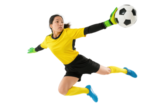 Goalkeeper's Dive: A female goalkeeper, garbed in vibrant yellow, leaps dynamically to intercept a soccer ball with determined focus. Capturing athletic prowess and agility in the heat of competition.