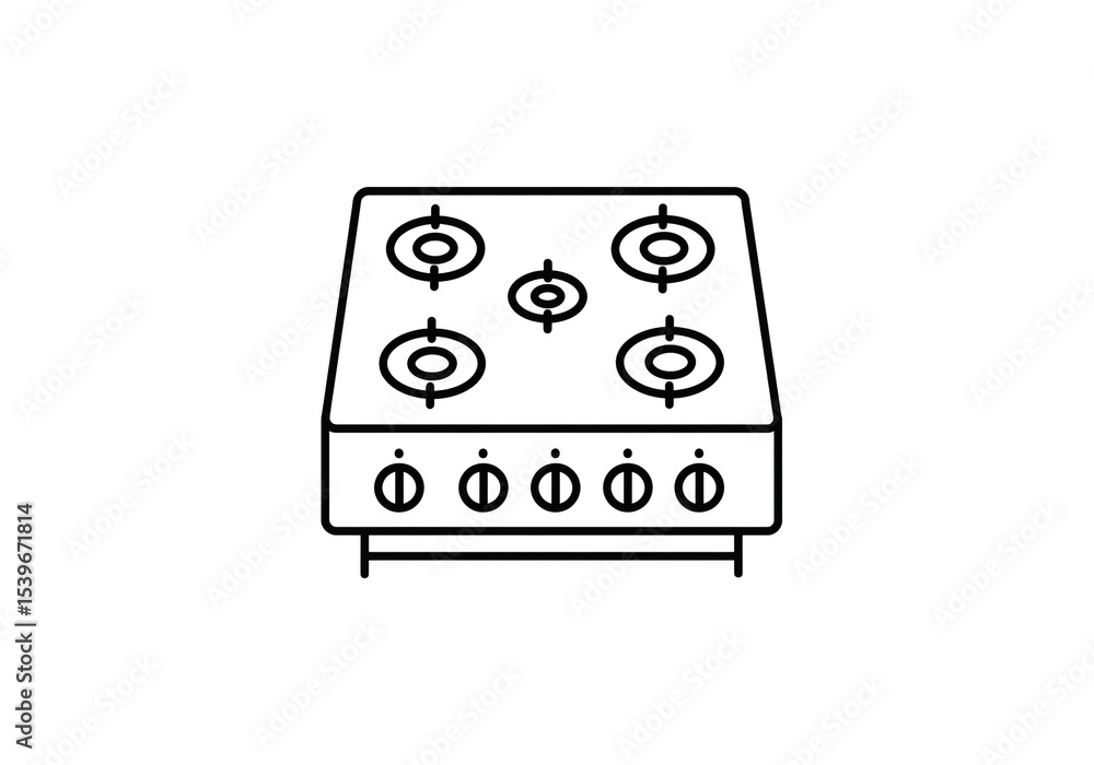 Poster a simple line drawing of a gas stove with five burners and six knobs on a white background view from