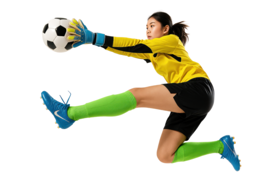 Soccer Goalie in Action: A dynamic image captures a female soccer goalie mid-air, her focused expression reflecting the intensity and athleticism of the sport.
