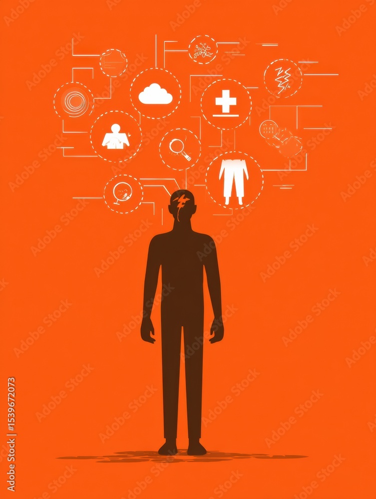 Poster nervous icons surround a transparent figure representing anxiety and emotional turmoil in a simplist
