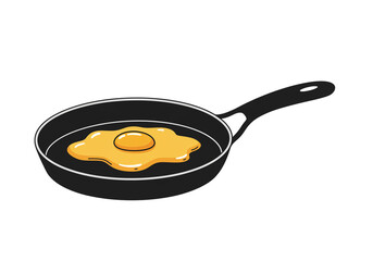 A cartoon illustration of a fried egg in a black frying pan on a white background in a simple style