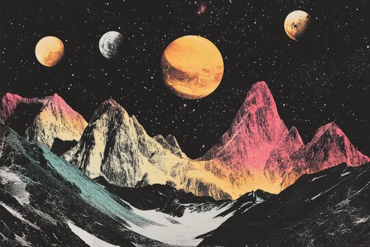 Cosmic mountains, vibrant planets in starry night