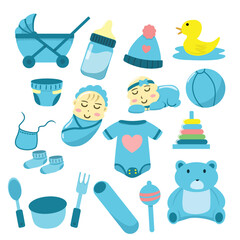 Vector collection of baby elements in cartoon style. Flat design clip art of baby supplies