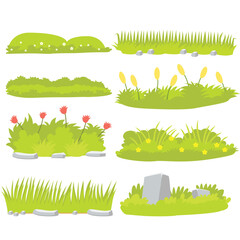 Collection of grass and bushes vector elements in cartoon style. Flat design clipart landscape