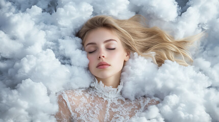 Blonde Woman Sleeping Surrounded by White Clouds Night Sky Background Burnout Wellness Lifestyle Work Life Balance Mental Health Concept 16:9